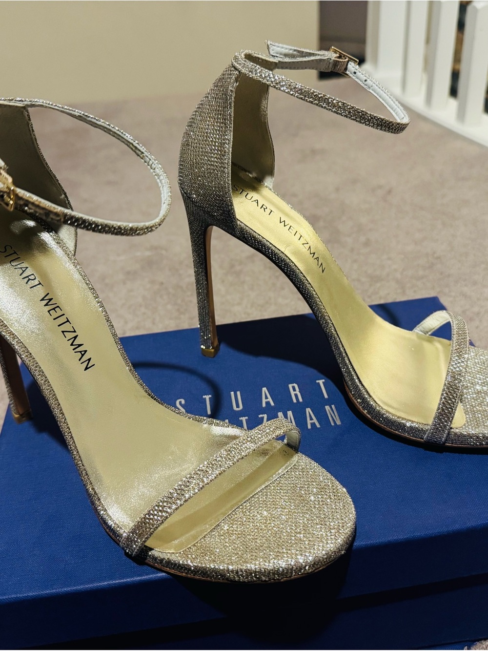 Stuart Weitzman Silver Glitter Strappy High Heels